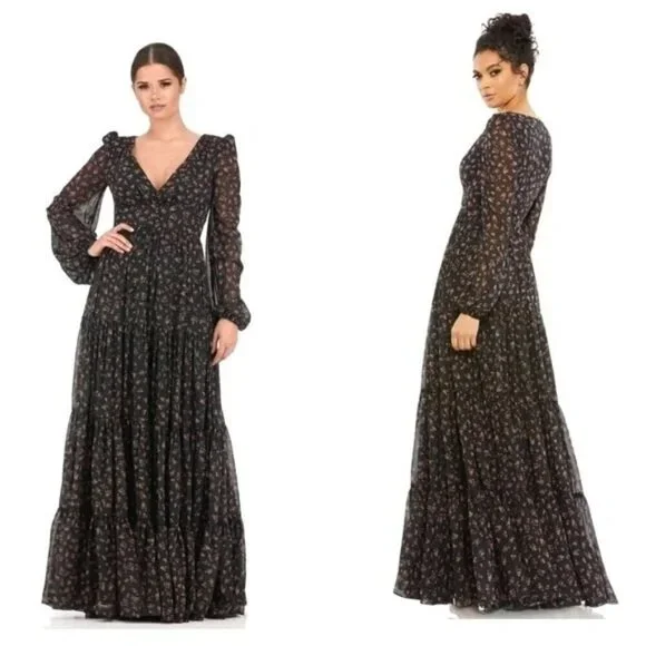 Mac Duggal 55431 Floral Tiered Long Sleeve Maxi Gown Dress Black Size 8 NEW $398